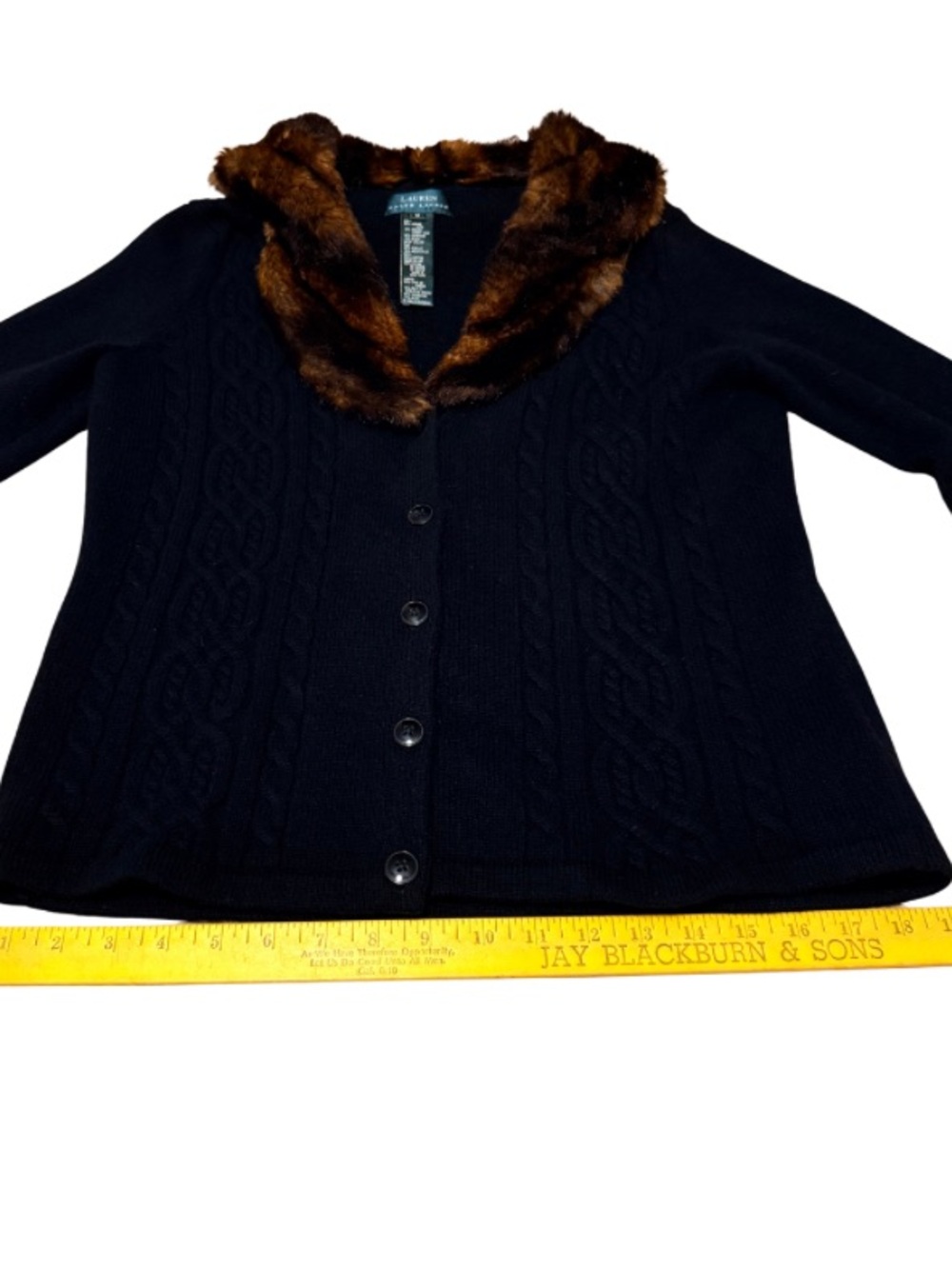 Lauren Ralph Lauren Brown Faux Fur Collar Cable Knit Cardigan - Picture 10 of 10